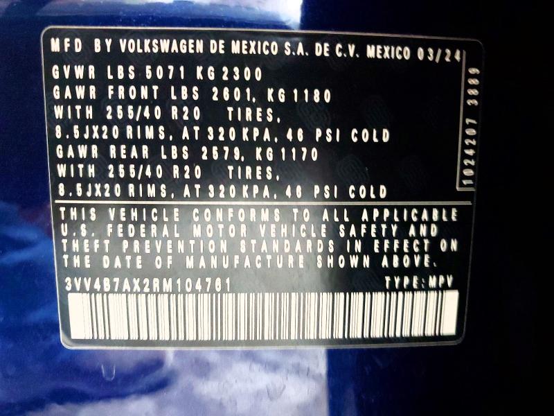 3VV4B7AX2RM104761 - 2024 VOLKSWAGEN TIGUAN BLUE photo 14